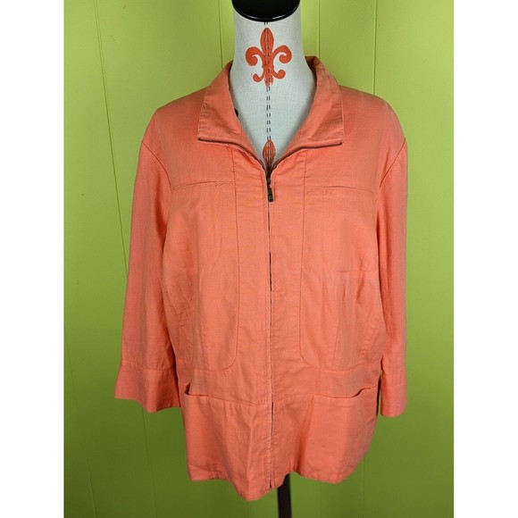 Coldwater Creek Women's Sz 18 Linen Blend Zip Front Jacket 3/4 Sleeve Orange EUC - Picture 1 of 12